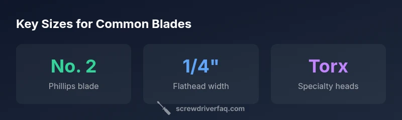 Infographic showing common blade sizes for Phillips No. 2, flathead 1/4 inch, and Torx heads